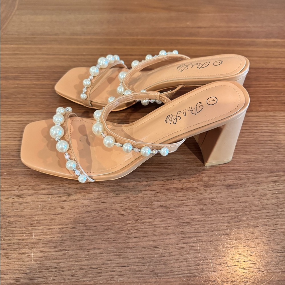 Pink Lily Tan Pearl-Embellished Block Heel Sandals